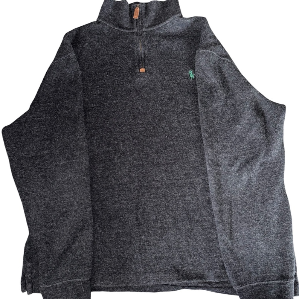 Grey, Polo Quarter Zip Sweater, with Green logo. Size Large. Good condition